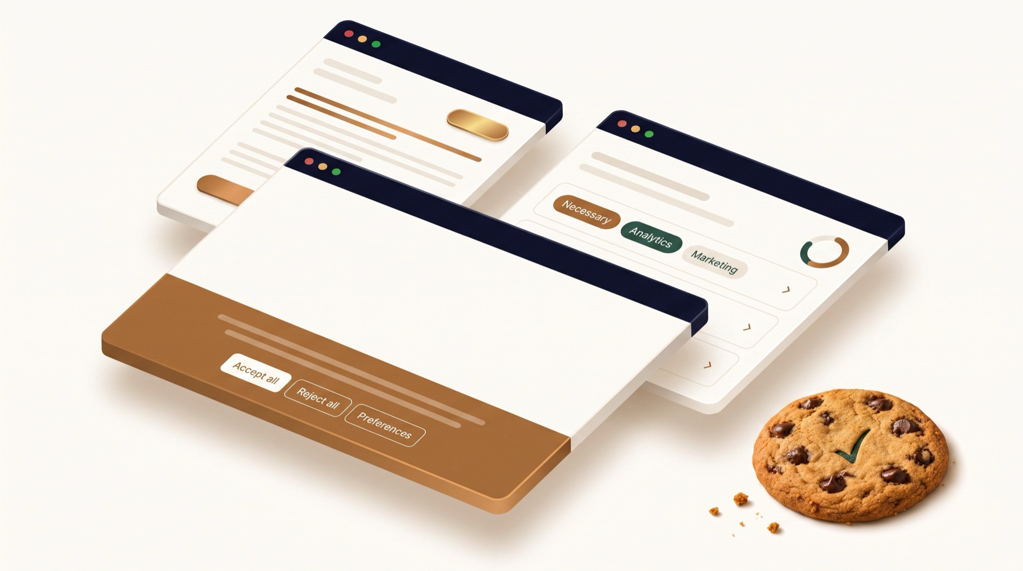 Isometric illustration of a cookie consent banner, consent categories and a cookie with a check mark